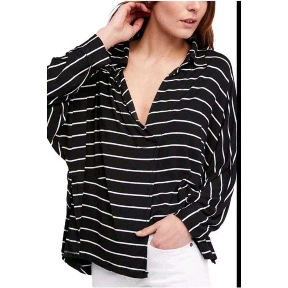 We The Free Free People Black White Striped V-Neck Tunic Oversized Top XS Boho